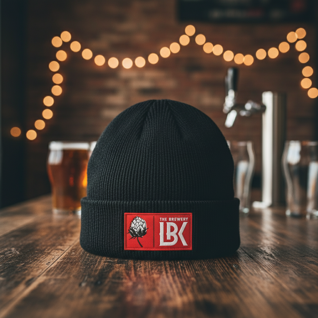 Brewery LBK Black Fold Over Beanie in brewery setting