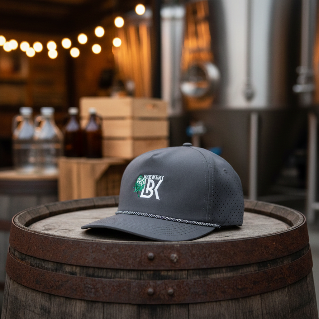 Brewery LBK Gray Rope Hat in brewery setting