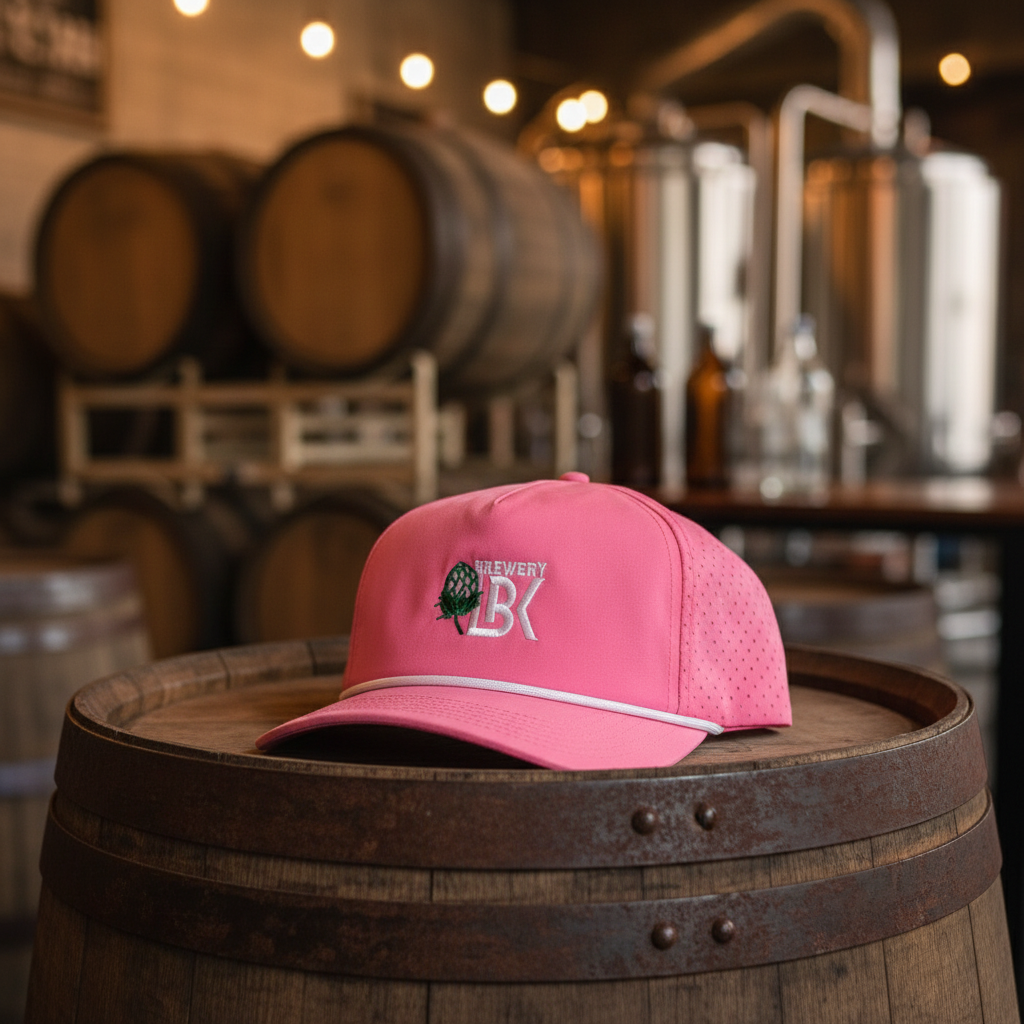 Brewery LBK Pink Rope Hat in brewery setting